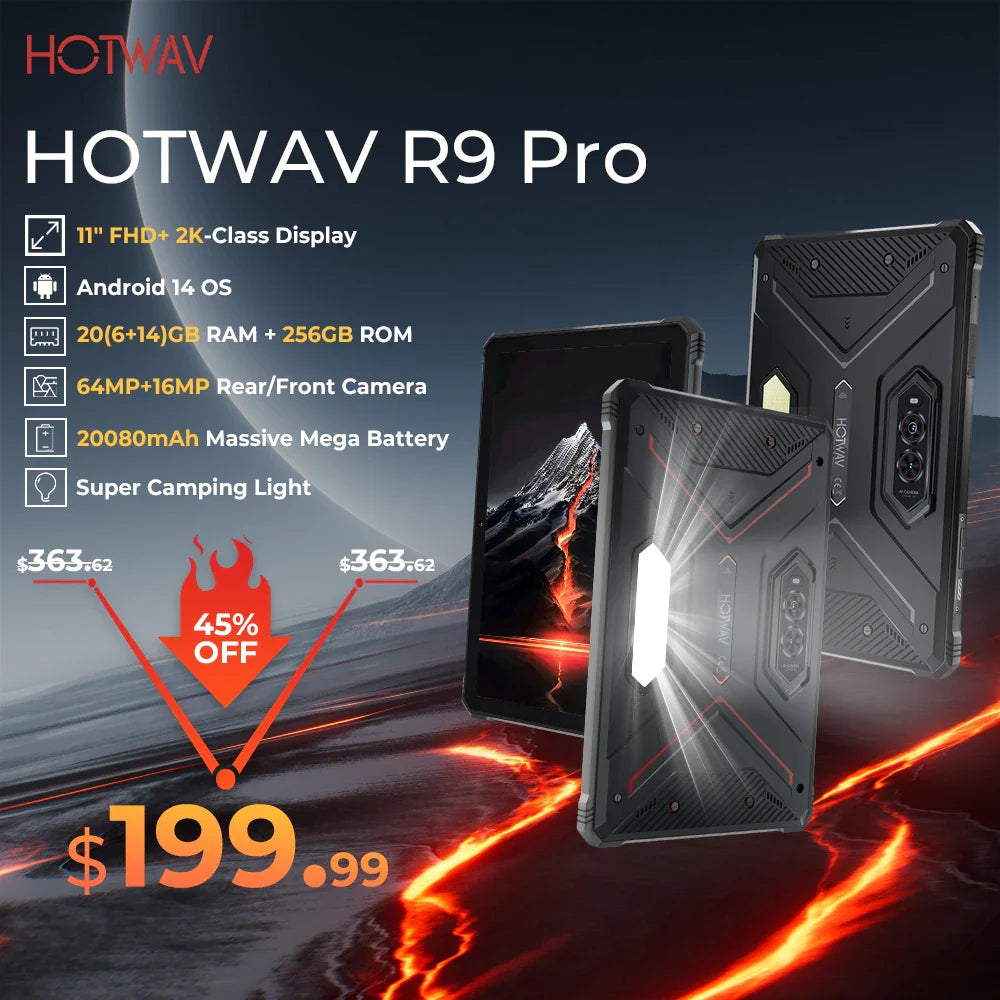 HOTWAV R9 Pro Rugged Tablet 11'' FHD+ 2K Display 20080mAh Massive Battery Pad Android 14 6GB 256GB Camera Global 4G Tablet PC Lootquake LLC  Techno geeks