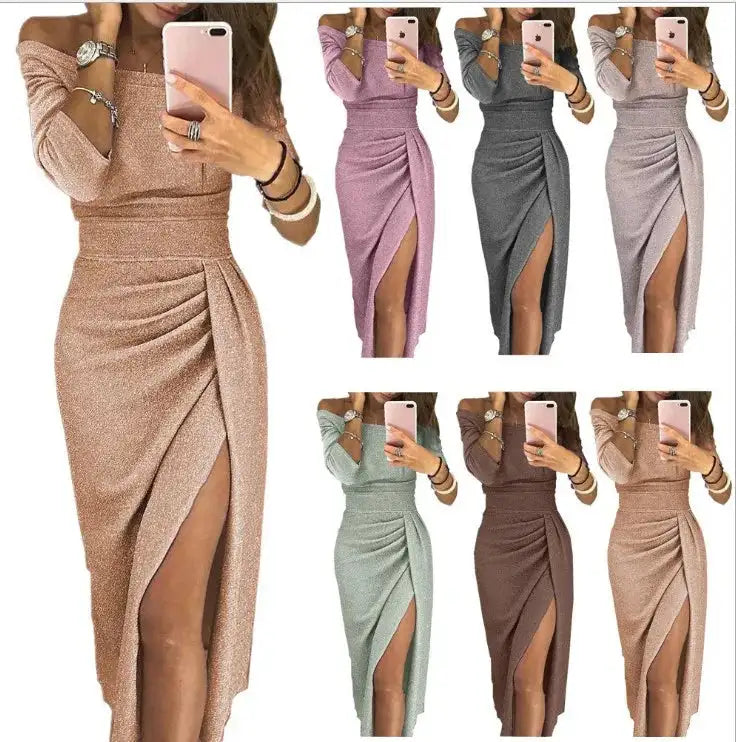Slit Slash-neck Dress Women Sparkling Slim Long Dress Summer Korean Fashion Dinner Dress Bodycon Solid  Women Dresses Vestidos Lootquake LLC  Techno geeks