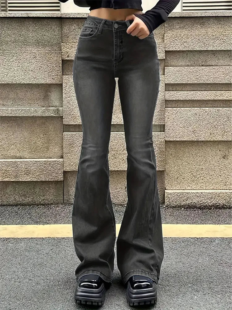 Women Flare Stretch Moustache Jeans Fashion Skinny Bell Bottom High Waist Gray Denim Pants Lady Classic Y2K Punk Long Trousers Lootquake LLC  Techno geeks
