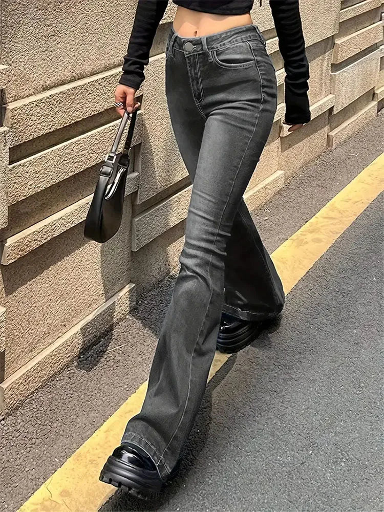 Women Flare Stretch Moustache Jeans Fashion Skinny Bell Bottom High Waist Gray Denim Pants Lady Classic Y2K Punk Long Trousers Lootquake LLC  Techno geeks