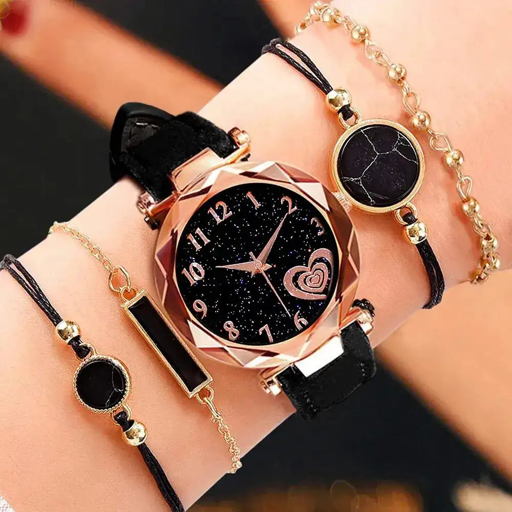 5pcs Set Womens Watches Set Ladies Fashion Watch Black Female New Simple Casual Womens Analog WristWatch Bracelet Gift No Box Lootquake LLC  Techno geeks