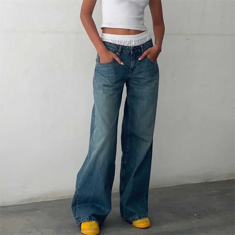 Lamuusaa Jeans y2k Clothes Women Solid Color Low Waist Waist Wide Leg Denim Pants Trousers with Multi Pockets 2000s Streetwear Lootquake LLC  Techno geeks