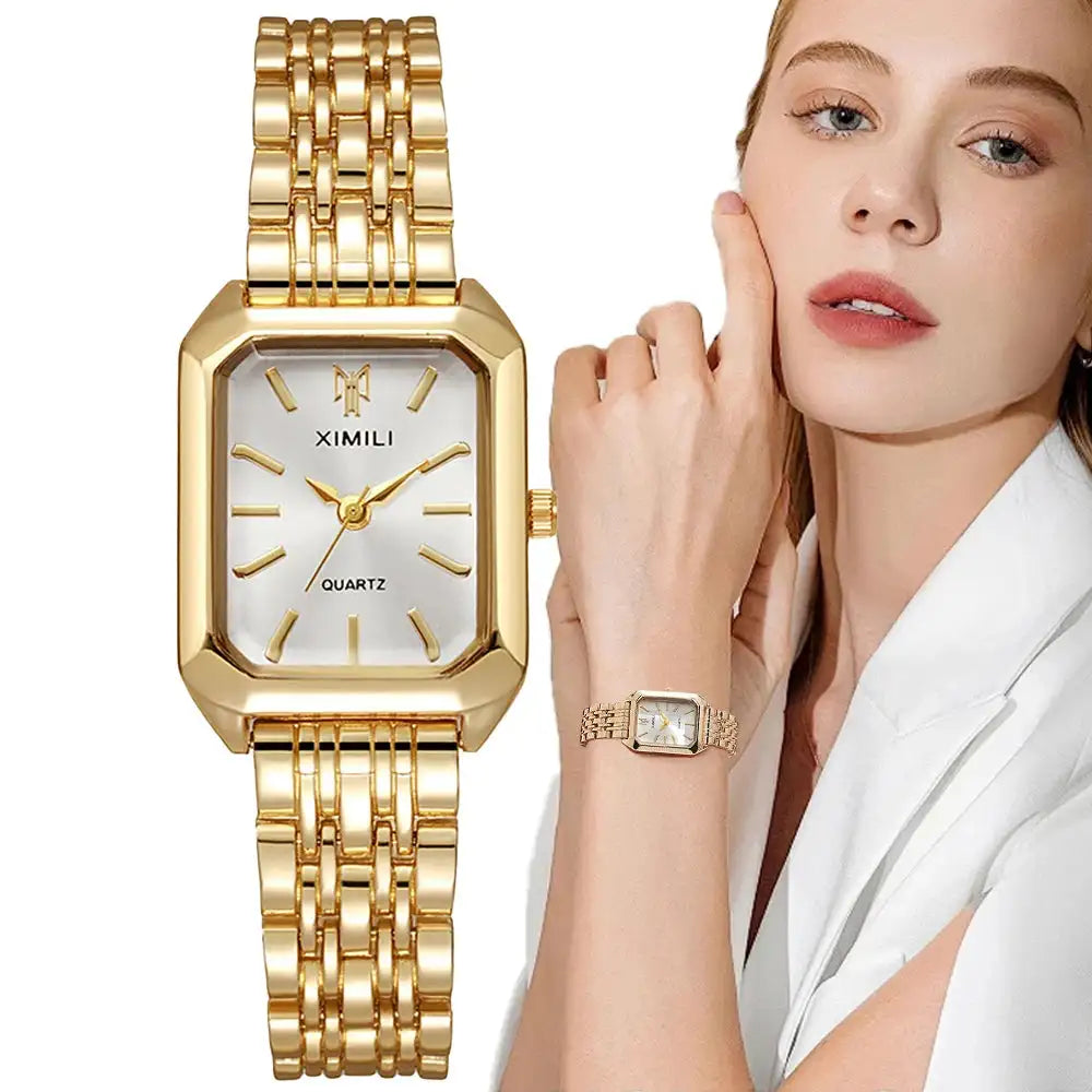 Luxury Ladies Fashion Quartz Watch Simple Scale Square Quality Gold Plated Women Watches Business Stainless Steel Folding Clock Lootquake LLC  Techno geeks