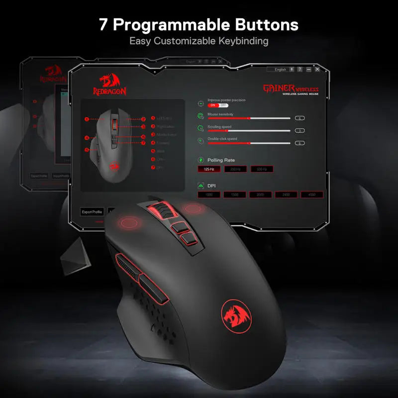 Redragon M656 Gainer Wireless Gaming Mouse, 4000 DPI 2.4Ghz Wireless Gamer Mouse w/ 5 DPI Levels, 7 Macro Buttons, Red LED Backl Lootquake LLC  Techno geeks