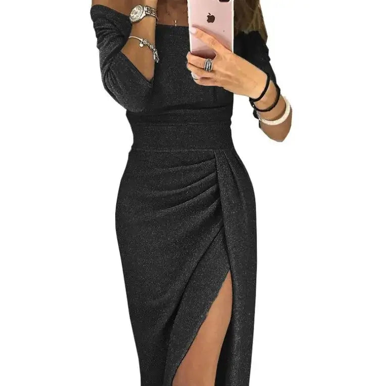 Slit Slash-neck Dress Women Sparkling Slim Long Dress Summer Korean Fashion Dinner Dress Bodycon Solid  Women Dresses Vestidos Lootquake LLC  Techno geeks