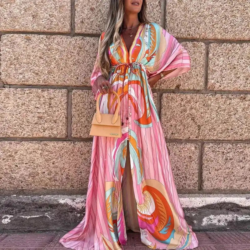 2023 Women Gorgeous Boho Print Maxi Beach Dress Summer Deep V Slit Elastic Waist Party Dress Elegant Holiday Long Dress Vestidos Lootquake LLC  Techno geeks