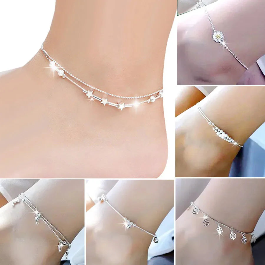 Silver color Stars Anklet Double Layer plated Charms Ankle Bracelet Jewellery Anklets For Women Foot Jewelry Love 2023 new hot Lootquake LLC  Techno geeks