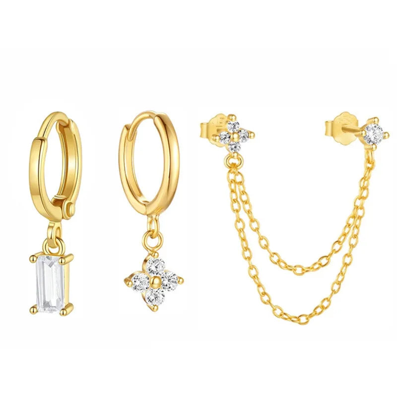 3PCS New Fashion Four Zircon Flower Hoop Earring Set For Women Stainless Steel Double Stud Chain Tassel Huggie Piercing Jewelry Lootquake LLC  Techno geeks