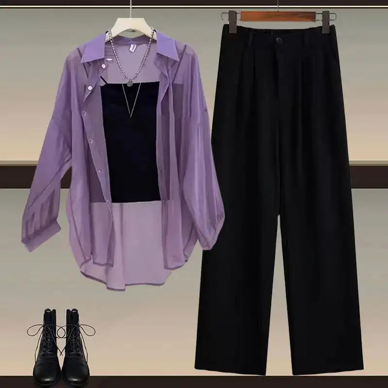 Summer Set Women's 2024 New Style Wear Sunscreen Chiffon Shirt with Slimming Slimming Suit Pants Three Piece Set Lootquake LLC  Techno geeks