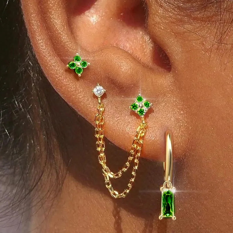 3PCS New Fashion Four Zircon Flower Hoop Earring Set For Women Stainless Steel Double Stud Chain Tassel Huggie Piercing Jewelry Lootquake LLC  Techno geeks