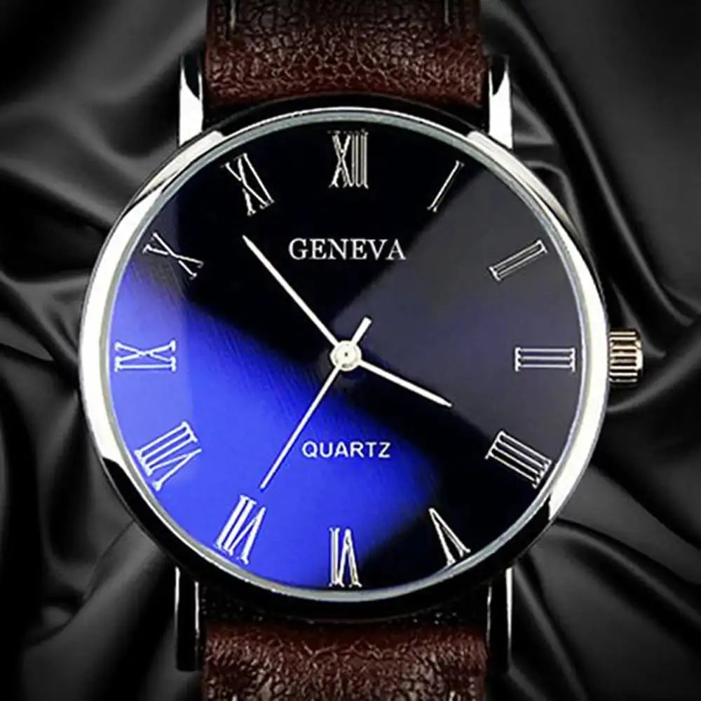 Men Watch Roman Numerals Blu-Ray Faux Leather Band Quartz Analog Business WristWatch 2022 Lootquake LLC  Techno geeks