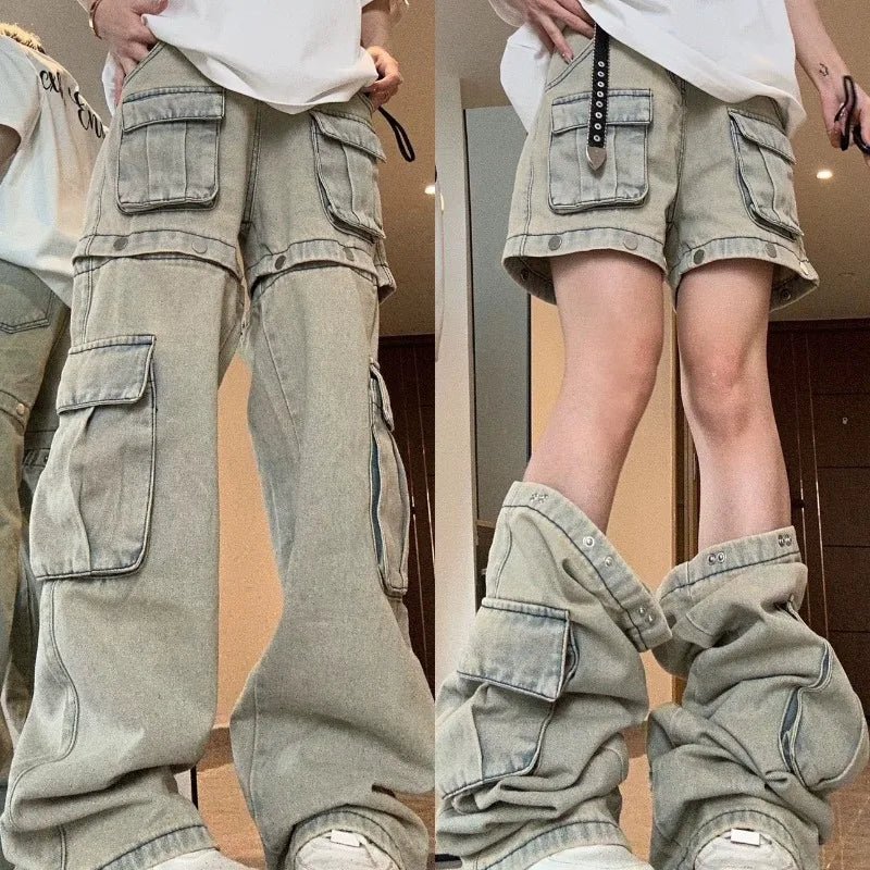 American New Detachable Design Sense Tooling Jeans Female Y2K Fashion Gothic Retro High Street Straight Small Vibe Waisted Pants Lootquake LLC  Techno geeks