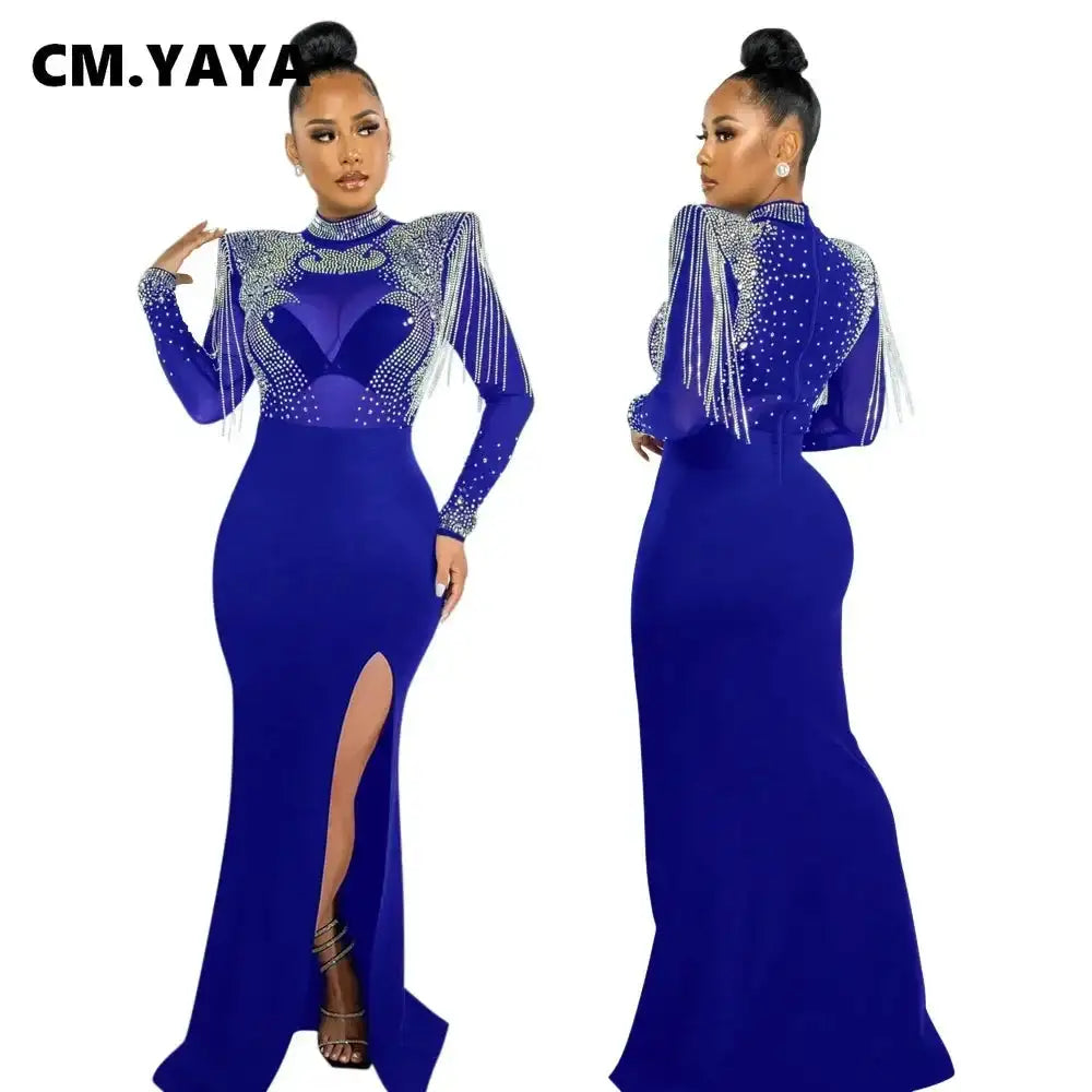 CM.YAYA Women Mesh See Through Long Sleeve Diamonds Hot Rhinestones Mermaid Long Dress Fall Evening Sexy Party Dresses Vestidos Lootquake LLC  Techno geeks