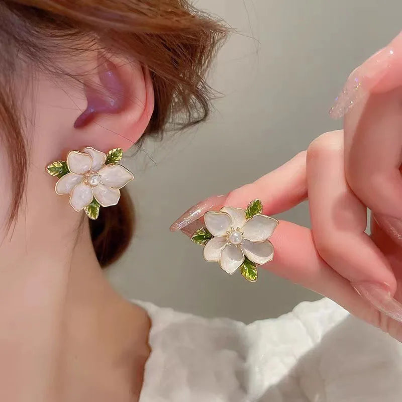 925 Silver Needle Korean Fashion Camellia Flower Earrings For Women Jewelry 2025 Trending Women's Black White Stud Earrings Gift Lootquake LLC  Techno geeks
