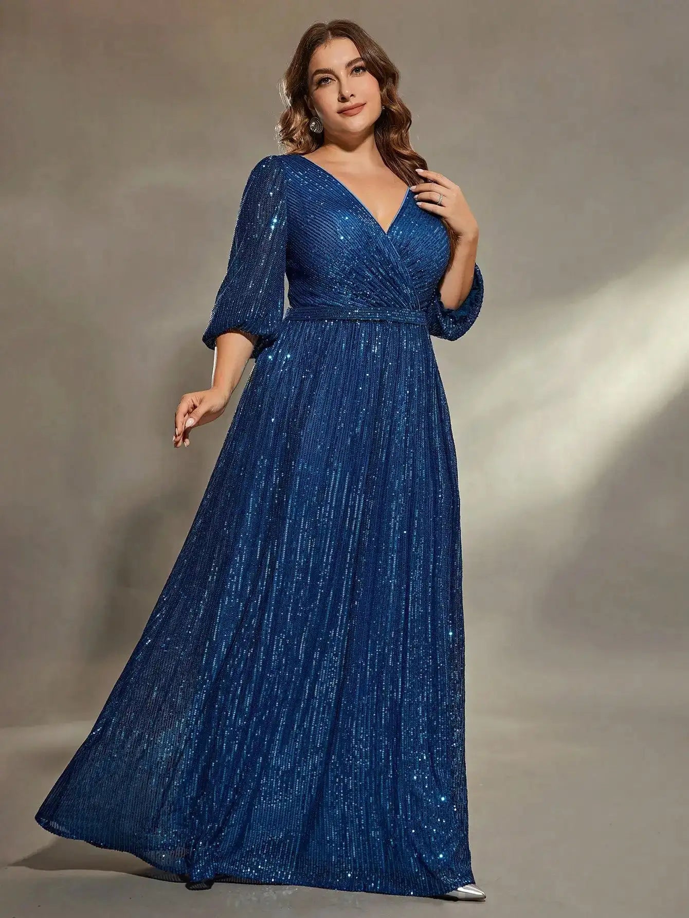 Mgiacy plus size V-neck bust pleated mid-long sleeve A-frame sequin long dress Evening gown PROM dress Party dress Lootquake LLC  Techno geeks