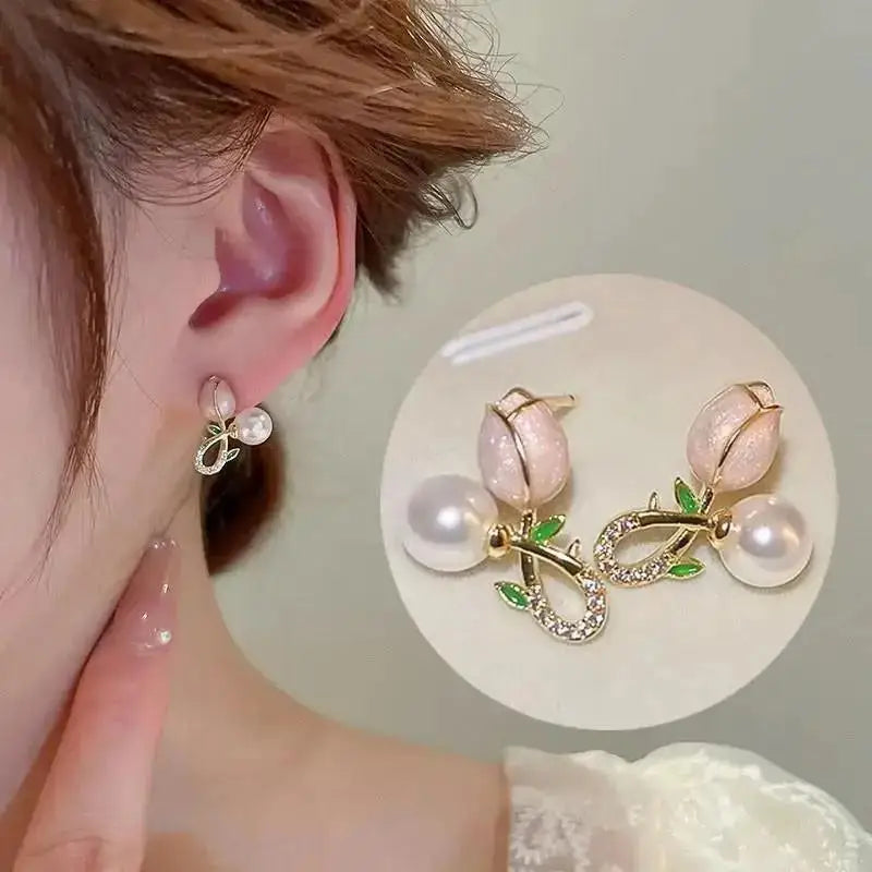 925 Silver Needle Korean Fashion Camellia Flower Earrings For Women Jewelry 2025 Trending Women's Black White Stud Earrings Gift Lootquake LLC  Techno geeks