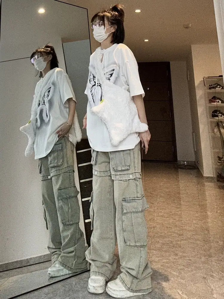 American New Detachable Design Sense Tooling Jeans Female Y2K Fashion Gothic Retro High Street Straight Small Vibe Waisted Pants Lootquake LLC  Techno geeks