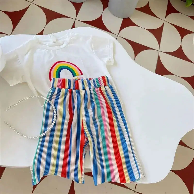 Baby Summer Set Children's Tops and Bottoms Suit New Girls Cute Short-Sleeved T-Shirt Rainbow Pleated Pants Two-Piece 12M-8Y Lootquake LLC  Techno geeks