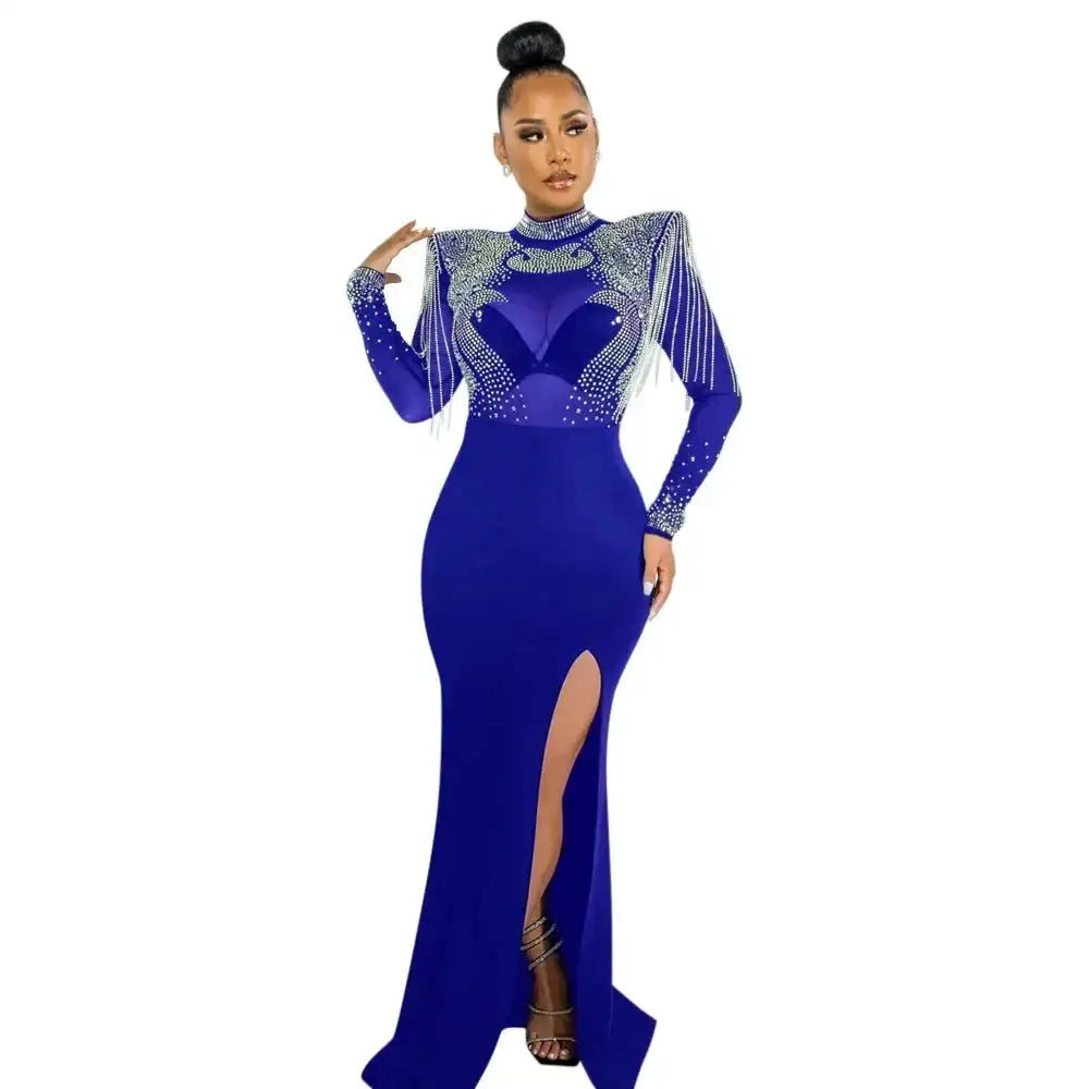 CM.YAYA Women Mesh See Through Long Sleeve Diamonds Hot Rhinestones Mermaid Long Dress Fall Evening Sexy Party Dresses Vestidos Lootquake LLC  Techno geeks