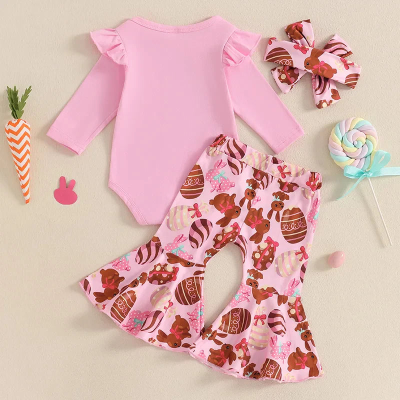 0-18M Infant Baby Girls Easter Outfits Long Sleeve Romper with Bunny Pattern Flare Pants and Headband 3 Pcs Set for Newborn Lootquake LLC  Techno geeks