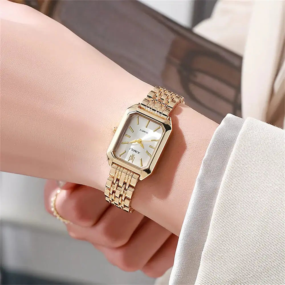 Luxury Ladies Fashion Quartz Watch Simple Scale Square Quality Gold Plated Women Watches Business Stainless Steel Folding Clock Lootquake LLC  Techno geeks