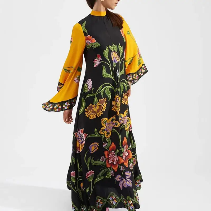 Ethnic Retro Spring Print Boho Long Dress Women Sexy Stand Collar Lace-up Party Dress Fall Long Sleeve Loose Ladies Maxi Dresses Lootquake LLC  Techno geeks