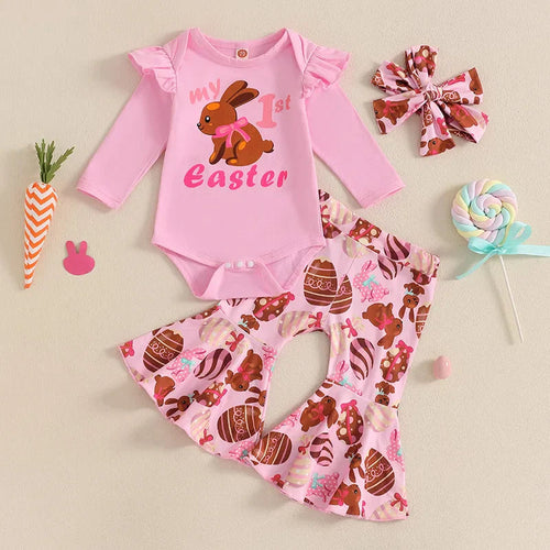 0-18M Infant Baby Girls Easter Outfits Long Sleeve Romper with Bunny Pattern Flare Pants and Headband 3 Pcs Set for Newborn Lootquake LLC  Techno geeks