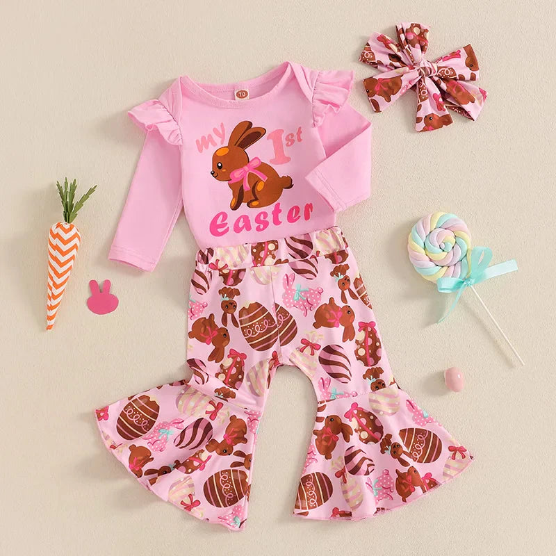 0-18M Infant Baby Girls Easter Outfits Long Sleeve Romper with Bunny Pattern Flare Pants and Headband 3 Pcs Set for Newborn Lootquake LLC  Techno geeks