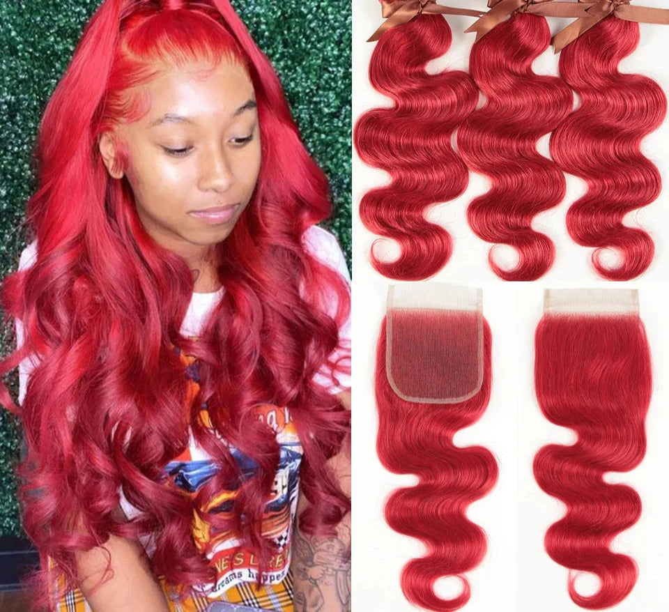 Rebecca Oxblood Red Body Wave Bundles with Closure | 3 Brazilian Remy Human Hair Weave & Closure Set Luxegan  Techno geeks