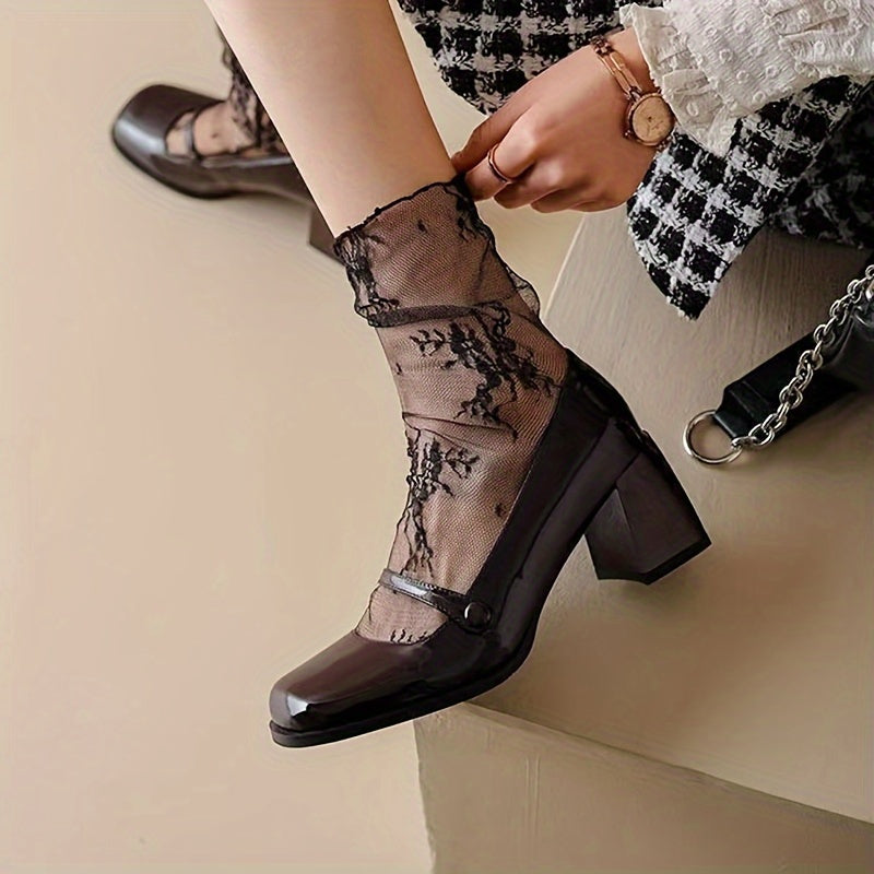 1 Pair Floral Lace Mesh Socks, Thin Sheer Retro Style Mid Tube Socks, Women's Stockings & Hosiery Lootquake LLC  Techno geeks