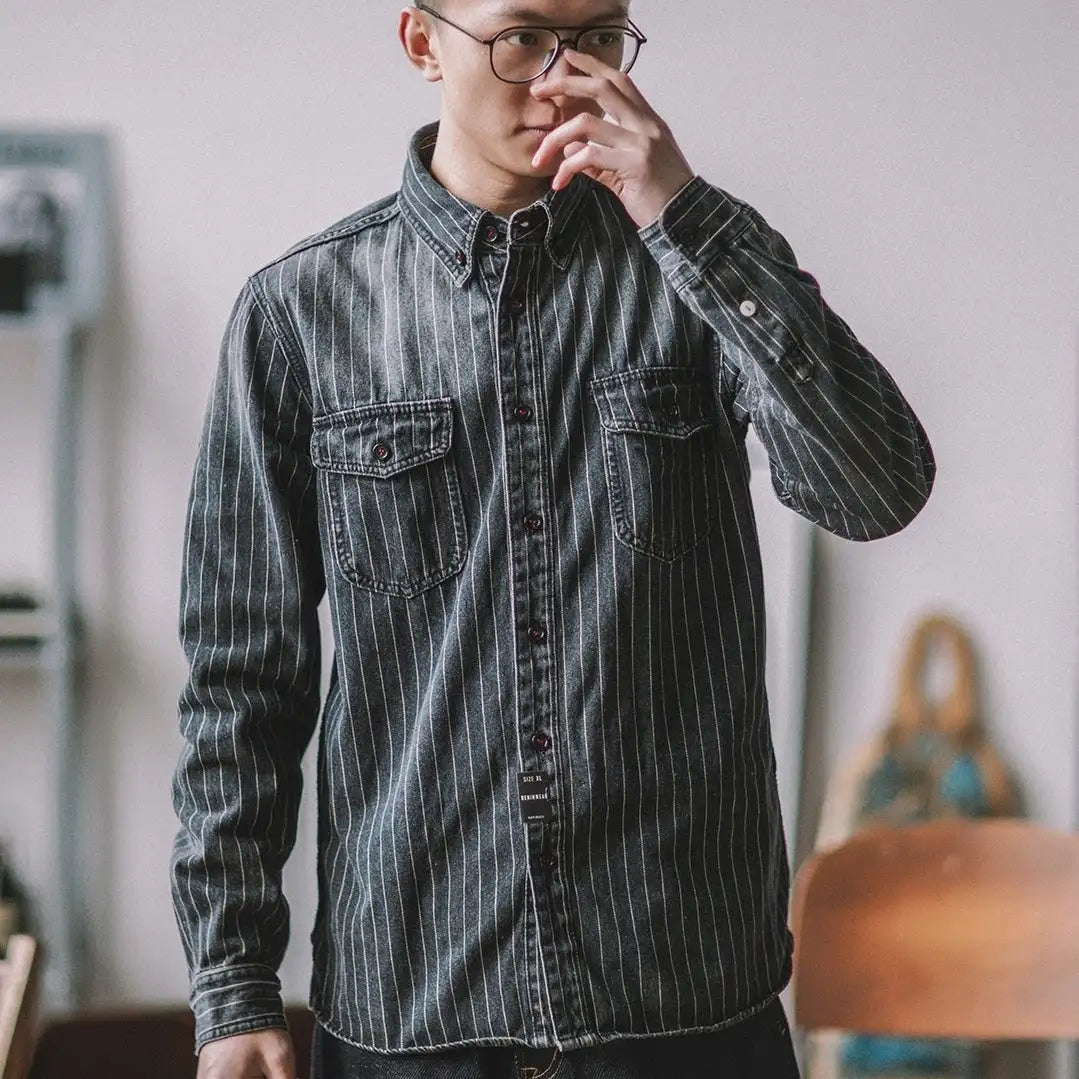 Vintage Vertical Stripes Denim Shirt Workwear Washed Old Long Sleeve Men Lootquake LLC  Techno geeks