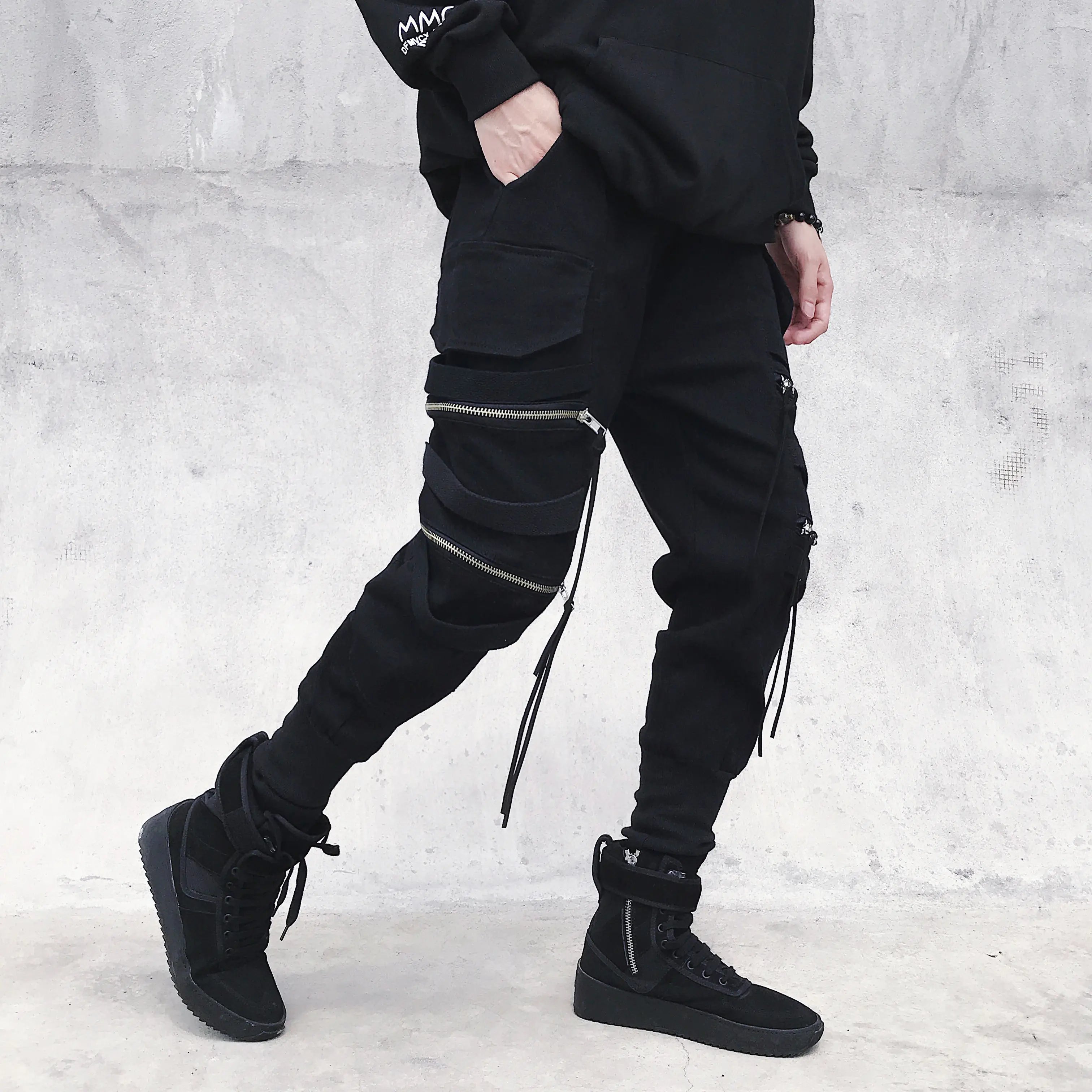 Black Harem Pants with Zippers and Multi-Pockets Techno geeks  Techno geeks